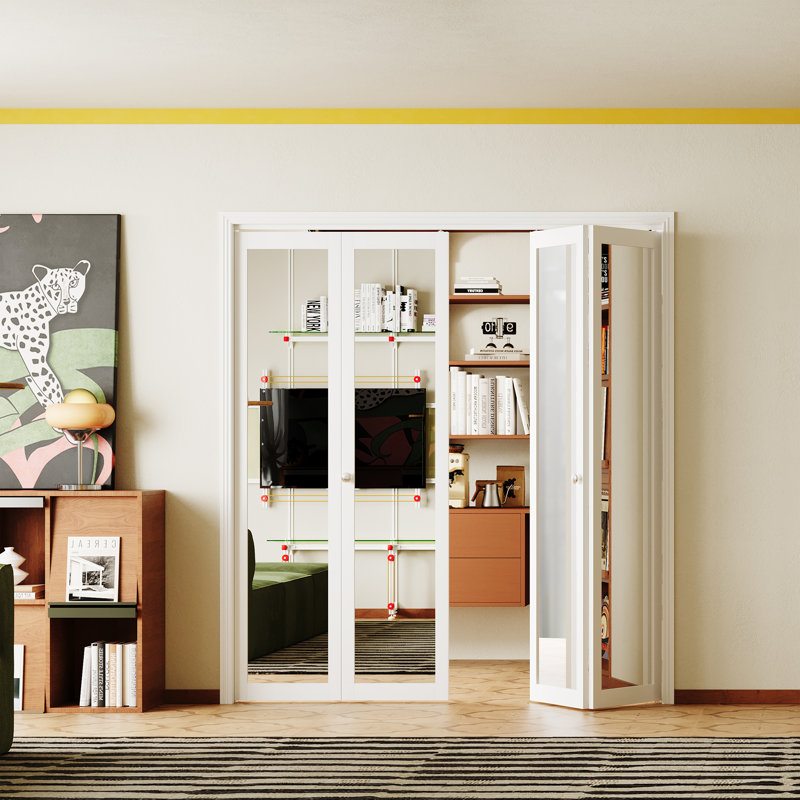 Porte pliante en bois massif non fini avec miroir blanc, 48" x 80"