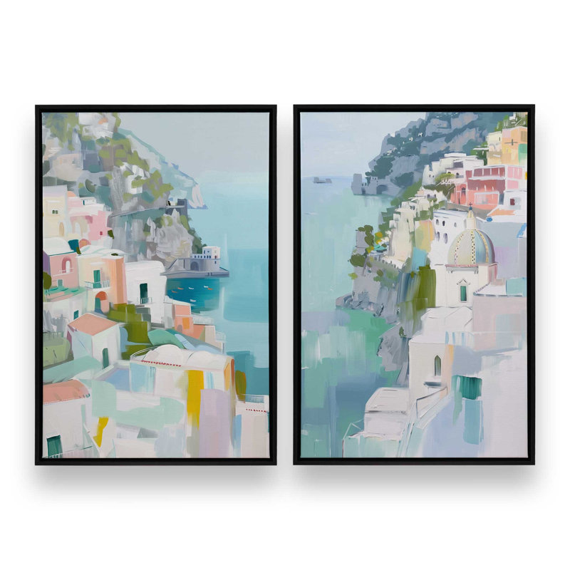 Ensemble de 2 impressions Coastal Village Glow, Cadre flottant noir satiné, 30 po x 20 po