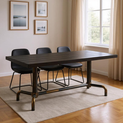 Table de salle à manger 71 "à tréteaux en bois noir et doré et acier