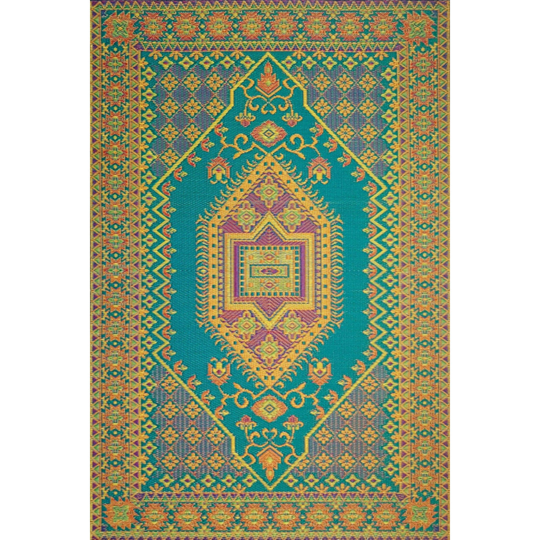 Oriental Turkish Aqua Indoor/Outdoor Area Rug - Reversible, UV Resistant Mad Mats Rug 