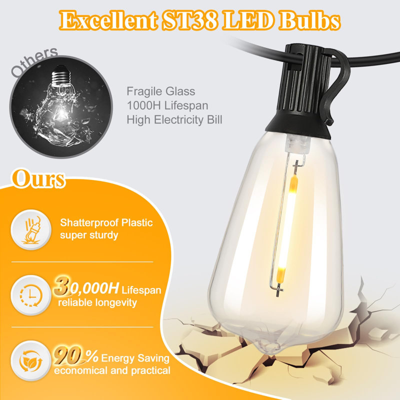 LED Outdoor String Lights 100FT Patio Lights with 37 Shatterproof Edison Bulbs