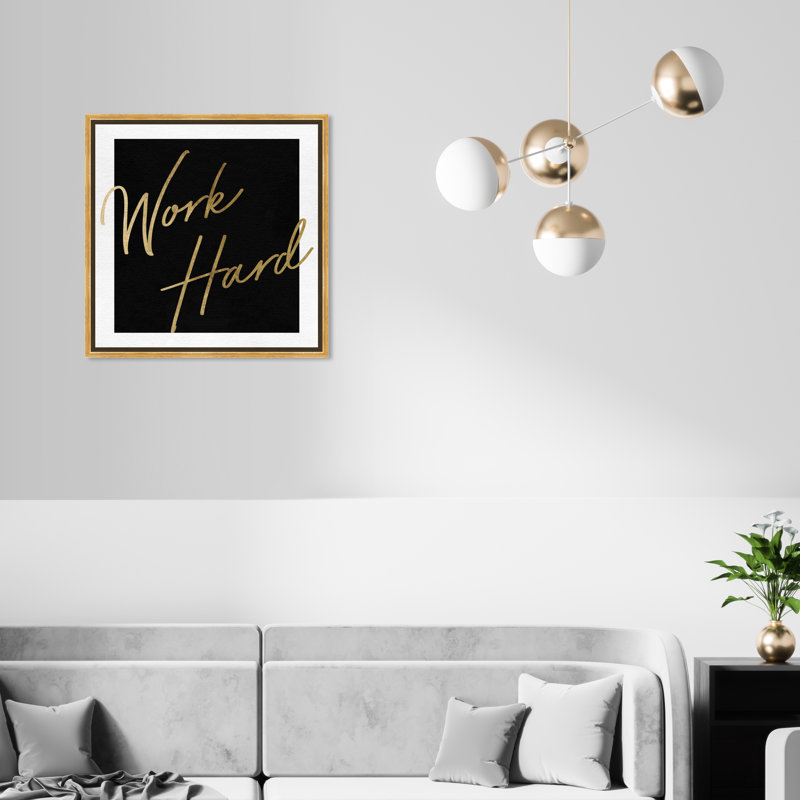" Work Hard Gold " Textual Art Print, 20'' H x 20'' W, Gold Framed Canvas