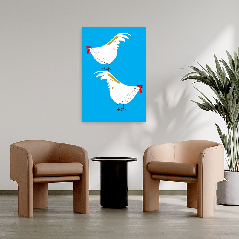 White Rooster Duo Minimalist Modern Vibrant Bird Animal Landscape Wall Art Print 1 Piece Wrapped Canvas Wall Art