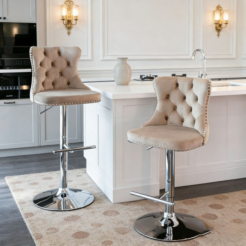 Swivel Velvet Barstools, Khaki+sliver