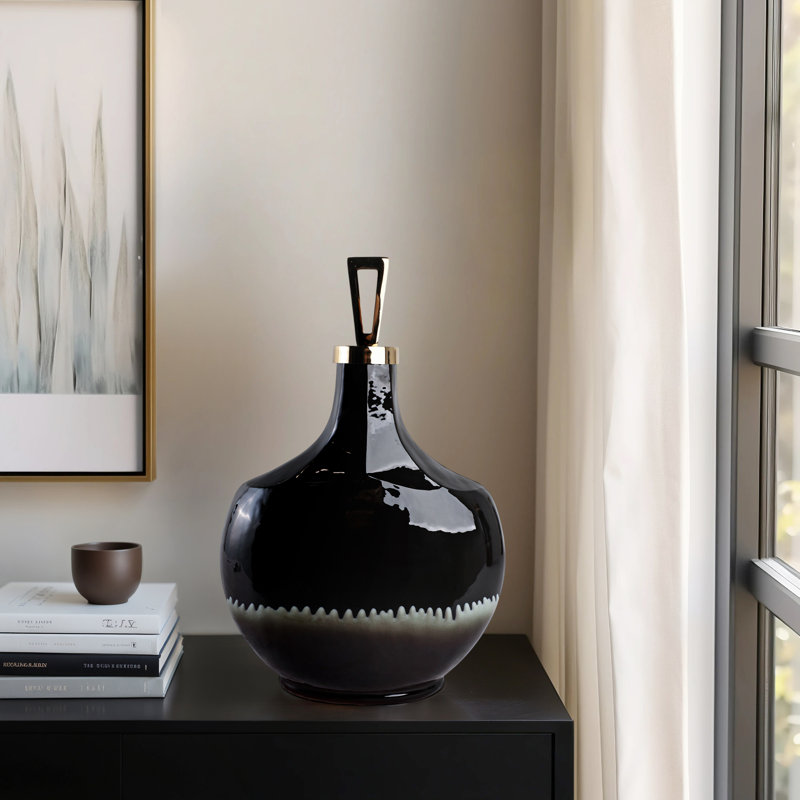 Elegant Round Glass Vase with Metal Handle Lid for Home Decor - Tall Table Vase Accent for Living Room Display & Flower Arrangement - Black & Gold