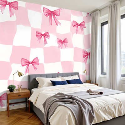 Peel and Stick Wallpaper Pink Checkered Hand Painted Pink Bows Wall Murals 100"H x 144"W Removable PVC Wall Paper Self-Adhesive Wall Decor for Bedroom Living Room Home Office