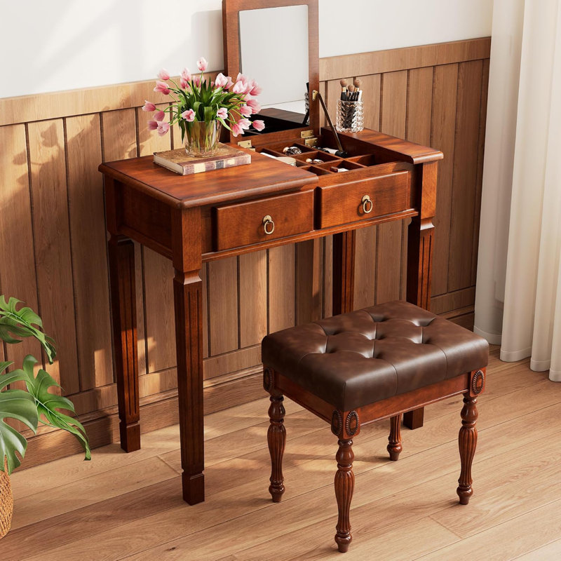 Ensemble de coiffeuse en bois massif, Brun / brun foncé