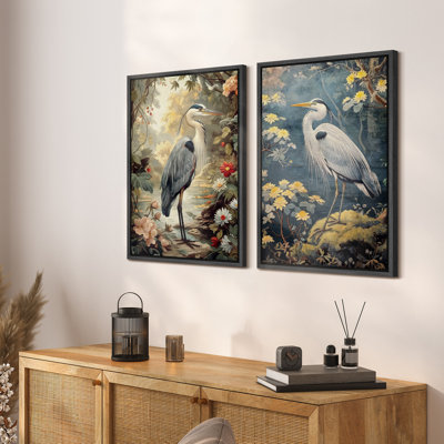 Ensemble d'art mural rétro sur toile de jardin héron, impressions encadrées d'oiseaux inspirés de la nature pour un décor de salon traditionnel ou de vestibule rustique