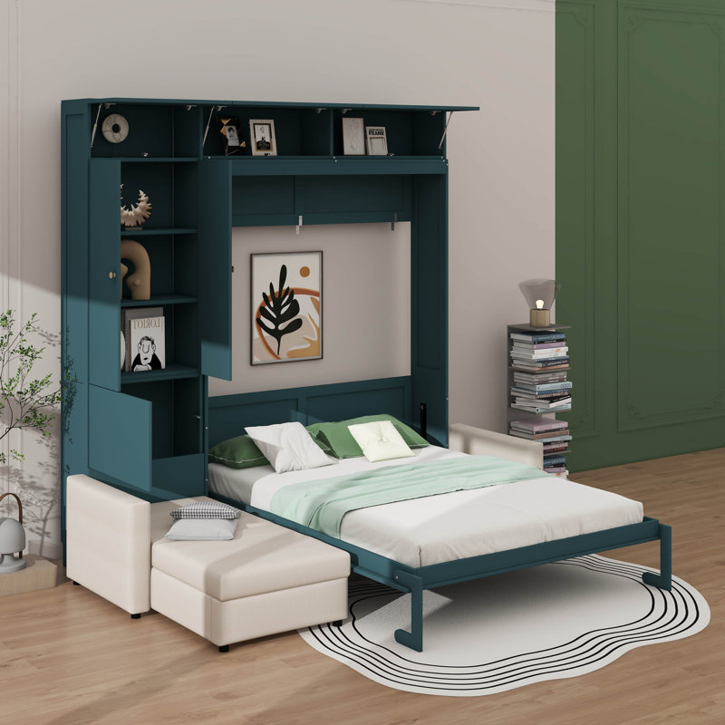 Grand lit escamotable avec canapé et tablettes, Green Panel/Beige Sofa