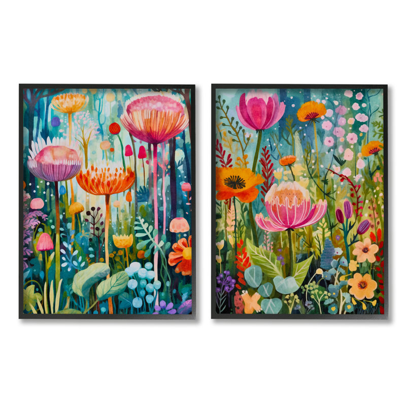 2 pièces Whimsical Gardens par LSR Design Studio, H 14 po x l 22 po x P 1,5 po, Giclée encadrée noir minuit