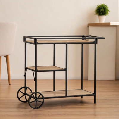 Étagère de rangement roulante à trois niveaux en fer et bois de sapin noir, présentoir moderne ouvert pour le salon et la salle à manger
