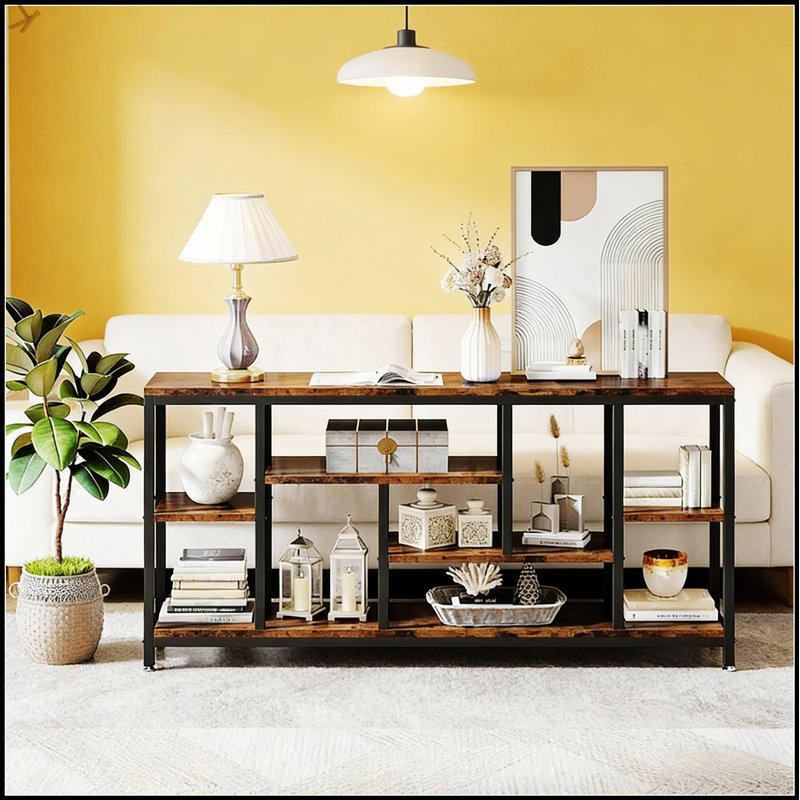 Jolie table d'appoint industrielle avec charme rustique et rangement à plusieurs niveaux, parfaite pour un décor moderne et industriel.