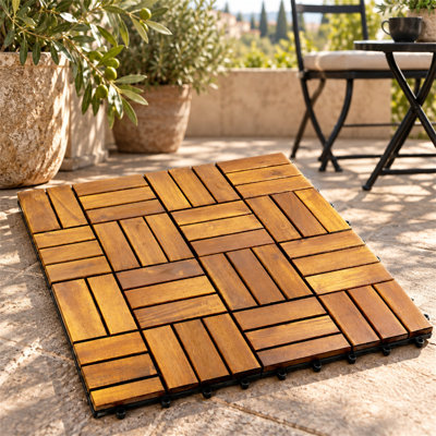 12 x 12 Inch Acacia Wood Interlocking Deck Tiles, 12 Slats Checker Pattern, 30 Pack Weatherproof Outdoor Flooring for Patio Balcony Poolside Bathroom