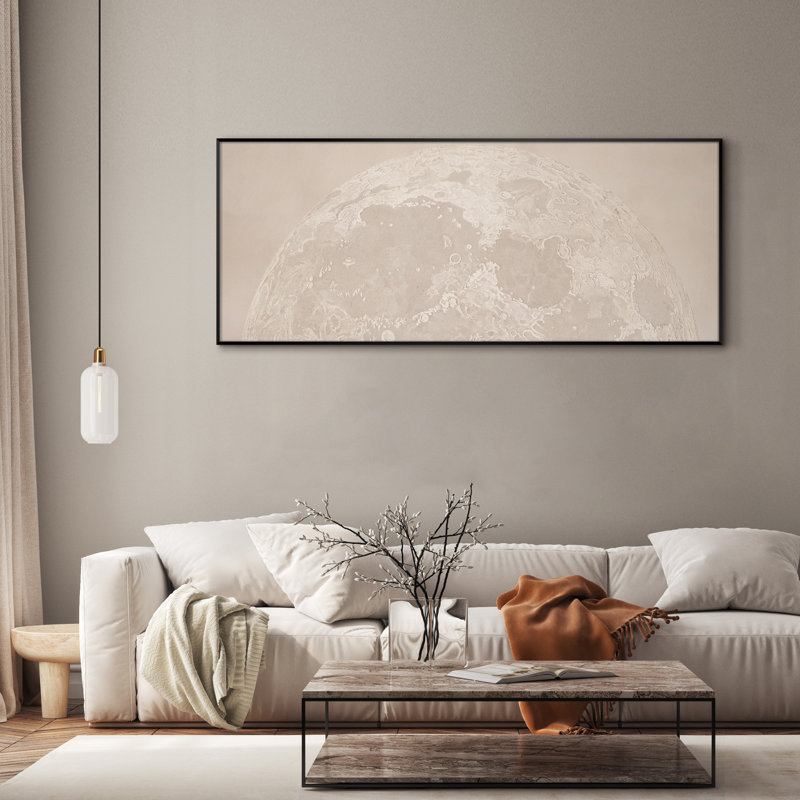Très grande reproduction d'art sur tissu mural - Lune neutre minimaliste pour le décor d'une œuvre d'art dans le salon ou la chambre à coucher - «Assemblage requis du cadre (cadre non fini)»