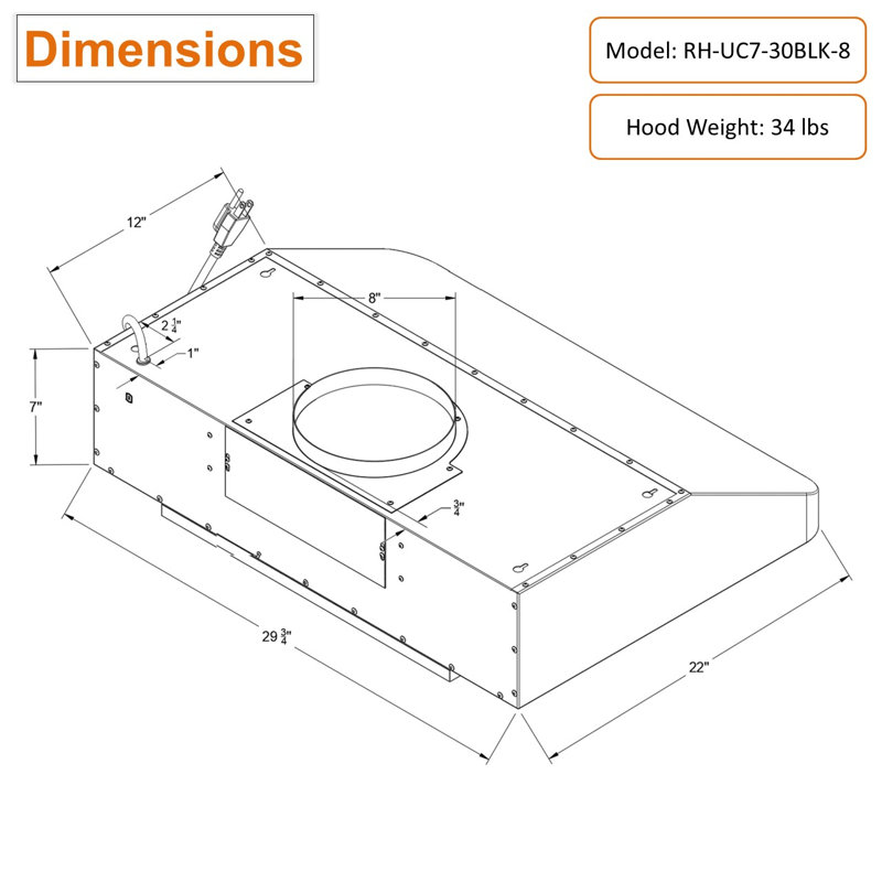 Hotte sous un meuble avec conduit à conduit 30 "avec filtre à chicane et lumière incluse Awoco RH-UC7-30BLK 900" noir