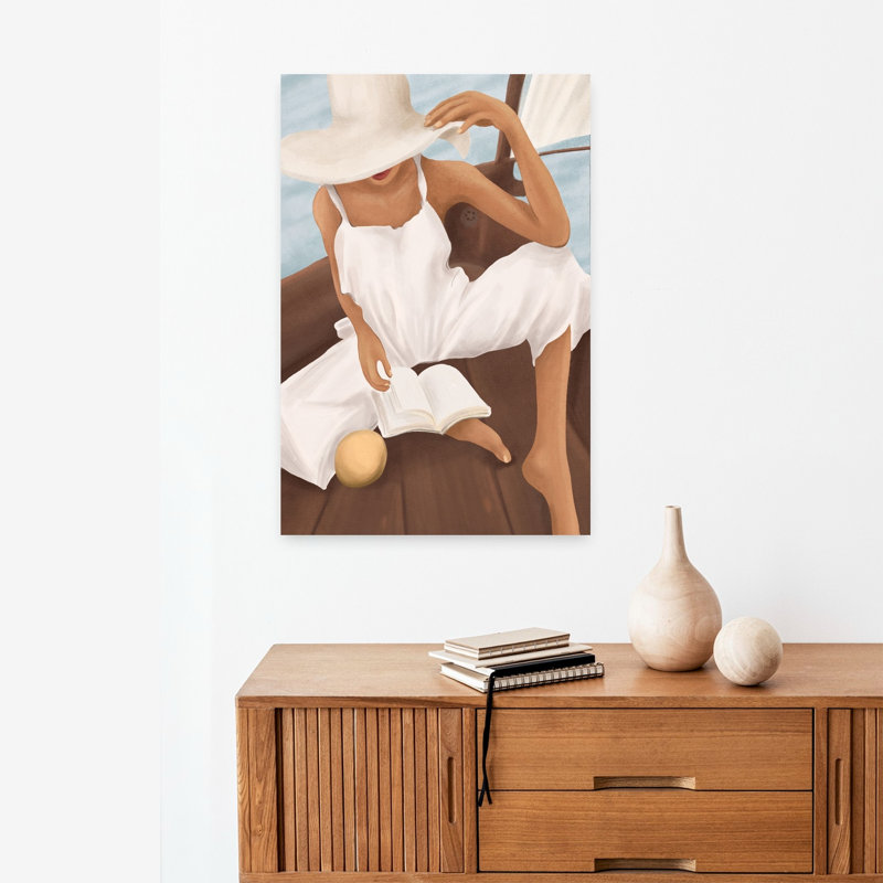 Été, bateau, lecture, paisible, paisible, océan serein, art mural d'été, H 24 po x l 16 po