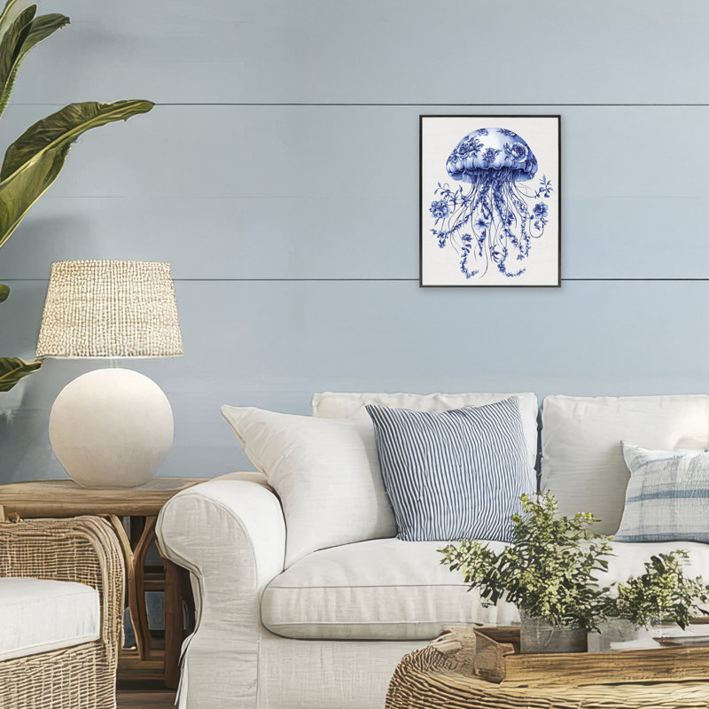 «Funky Vintage Toile Jellyfish», estampe numérique giclée, H 14 po x l 11 po, Giclée encadrée noir minuit