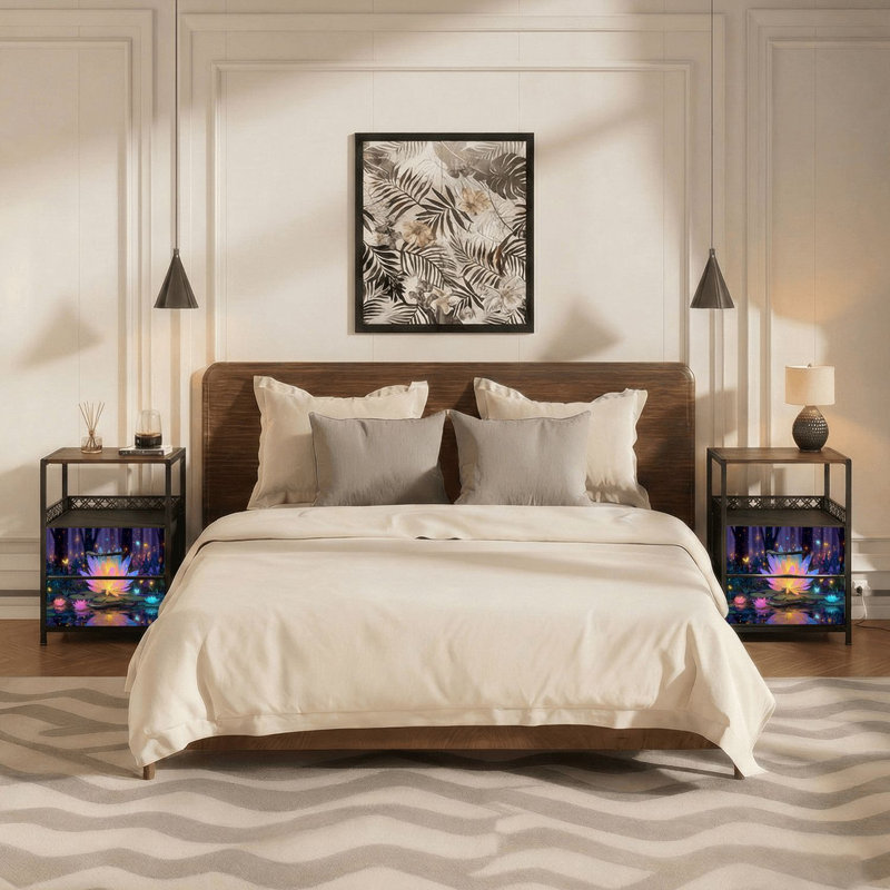 Table de chevet 2 tiroirs avec station de charge, table de chevet pour chambre à coucher avec ports USB, tablette ouverte noire, table de chevet avec impression de effets de lumière magiques aux couleurs néon