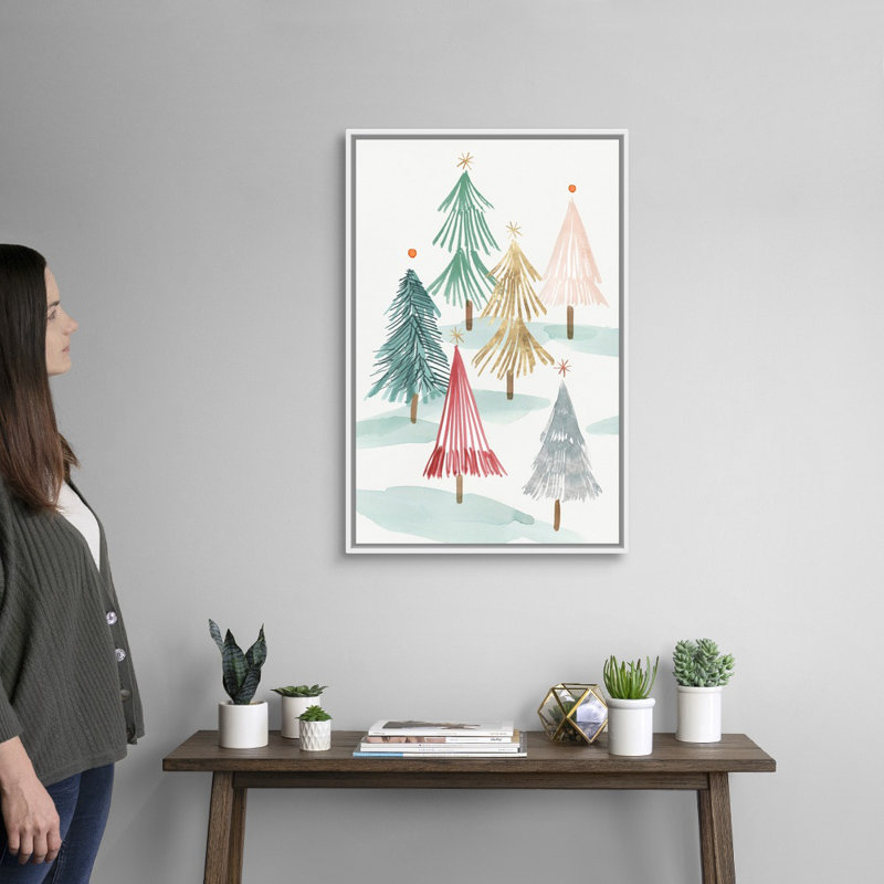 Arbres de Noël I - reproduction d'art sur toile, Cadre blanc, H 32 po x l 22 po x P 1,75 po