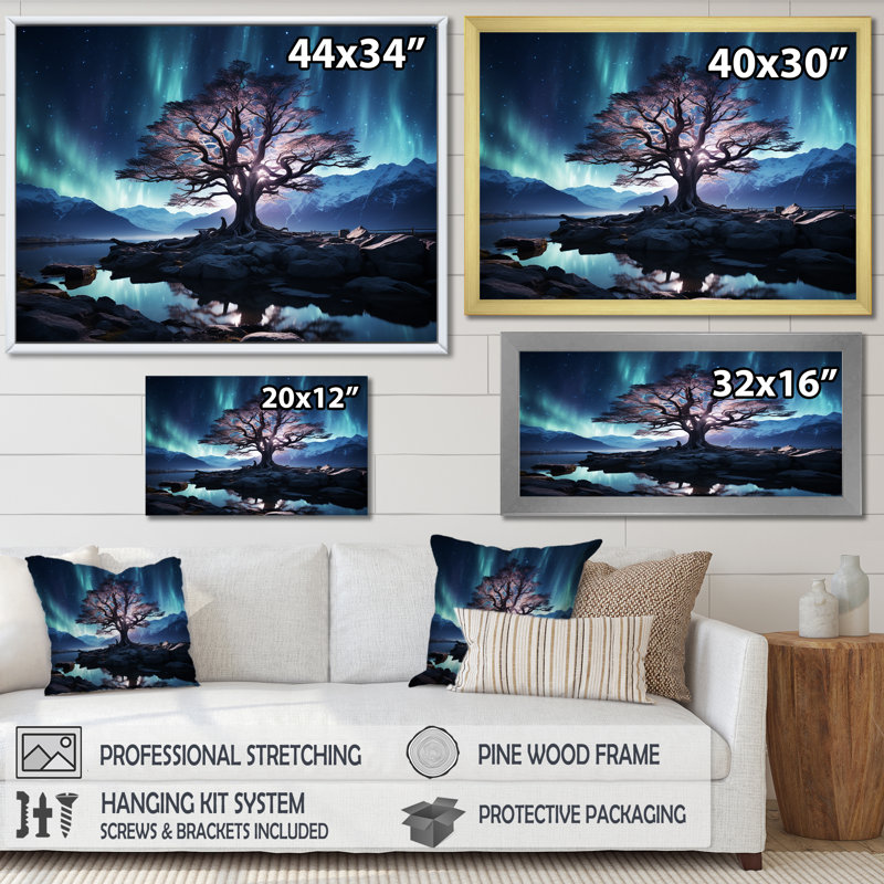 «Blue and Pink Tree In Northern Lights II», art mural arbre, Cadre flottant noir, H 16 po x l 32 po x P 1 po