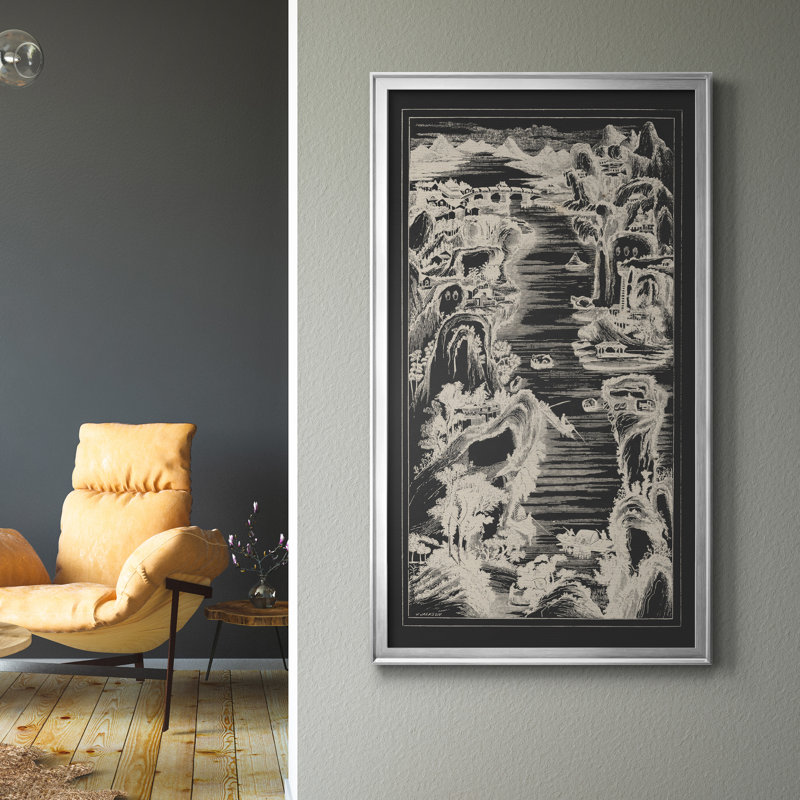 «Chinese Bird's-Eye View In Grey I», peinture sur toile encadrée, Argent, H 14,5 po x l 26,5 po x P 1,5 po