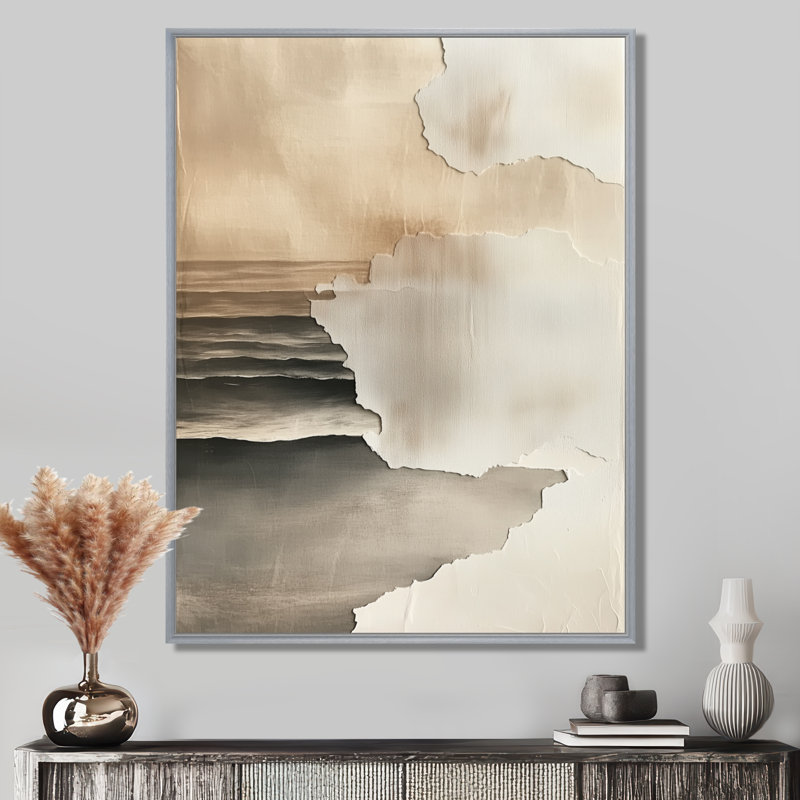Art mural côtier, sable côtier apaisant, toile abstraite beige, H 40 po x l 30 po, Encadrement argenté