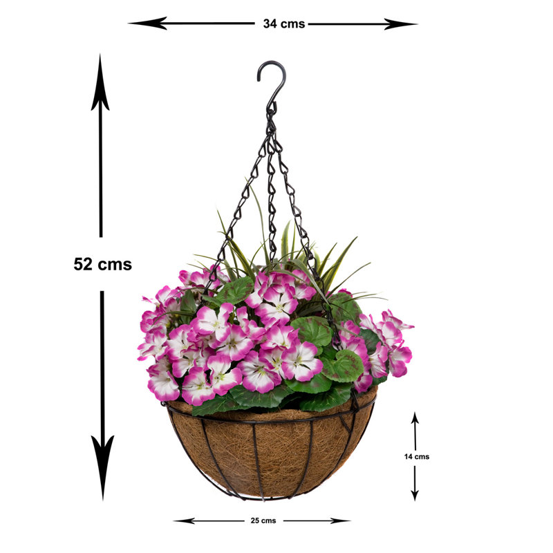 2 x Artificial Faux Silk Geraniums in Coco Coir Hanging Baskets Ideal for Home, Office Outdoor Living 25cm/10in, Purple
