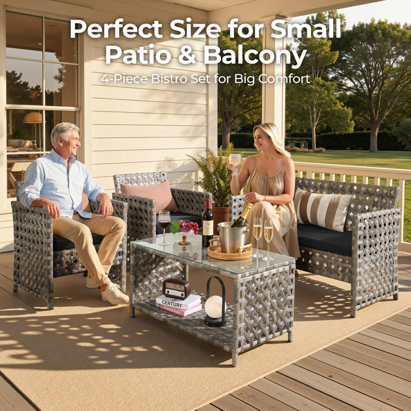 Haven 4-piece Outdoor Wicker Conversation Set With Charcoal Cushions, Black