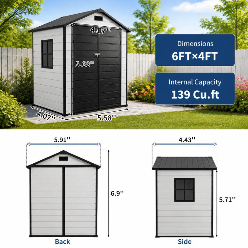 6x4FT Plastic Resin Storage Shed with Floor, Lockable Door and Window Panel, Grayish white + black
