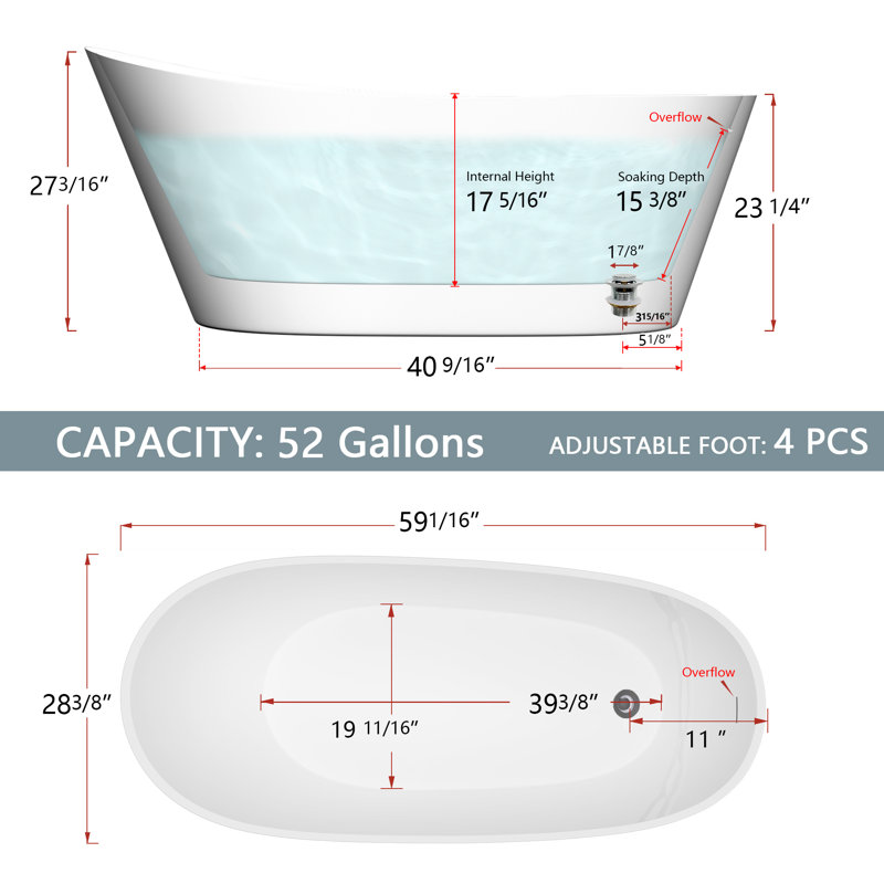 59" x 29" Freestanding Soaking Acrylic Bathtub, Glossy White