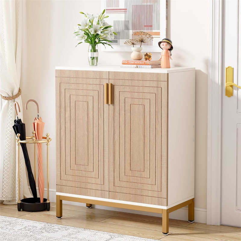31.5” White & Natural Wooden Shoe Cabinet With Doors, White/Natural