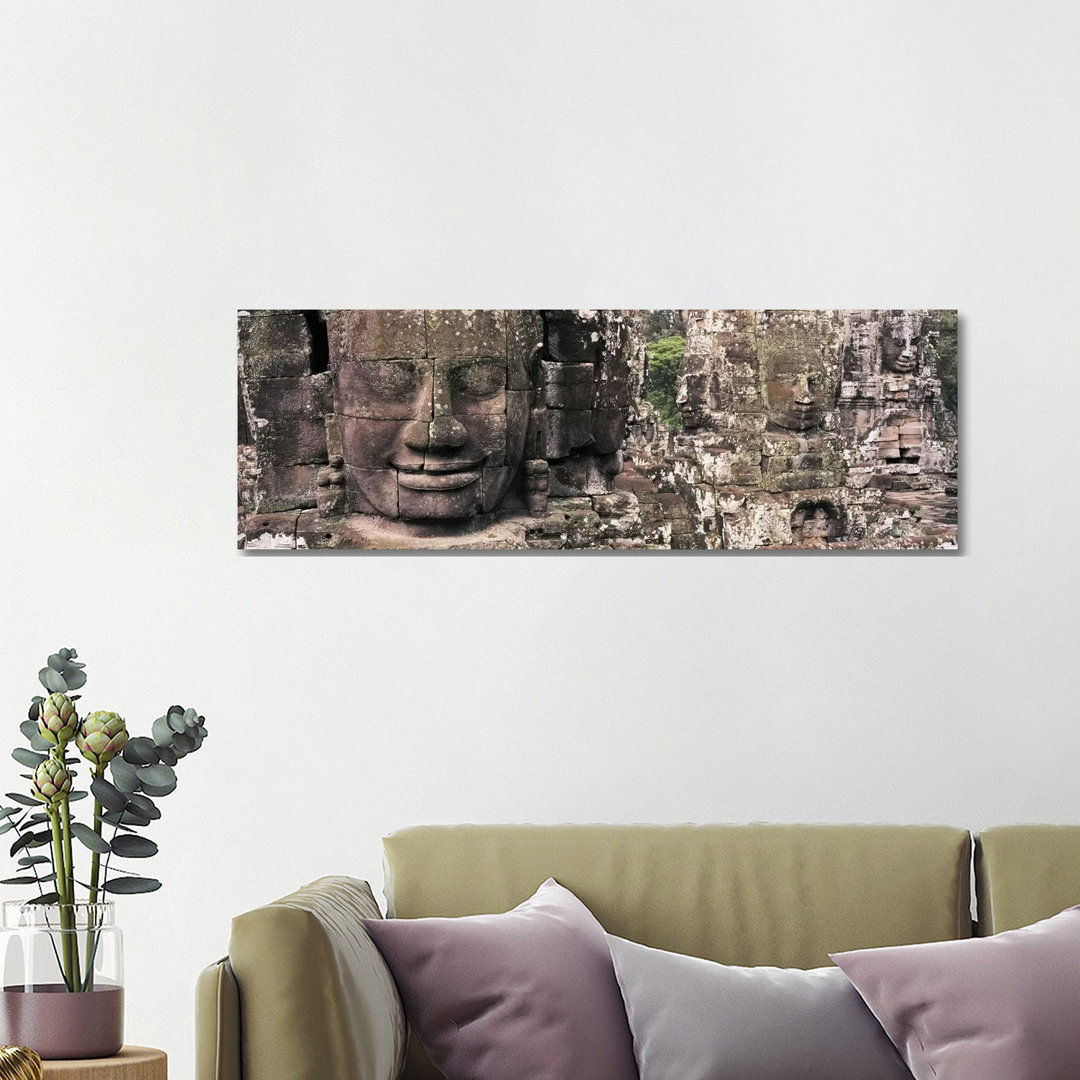 Stone Faces Bayon Angkor Siem Reap Cambodia - Wrapped Canvas Panoramic Photograph