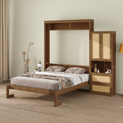 Lit escamotable en rotin avec armoire, lit en bois massif avec 1 tablette de rangement pour armoire latérale, pour chambre à coucher, chambre d'amis, bureau à domicile