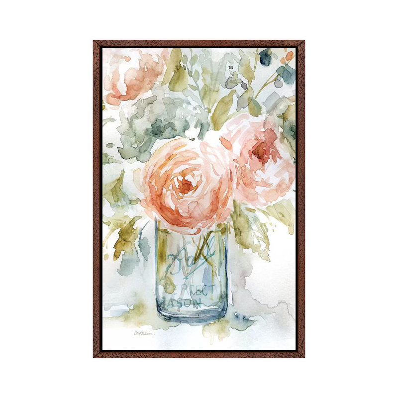 Cabbage Roses I by Carol Robinson - Painting on Canvas, 101.6 cm H x 66.04 cm W, Classic Brown Wood Framed
