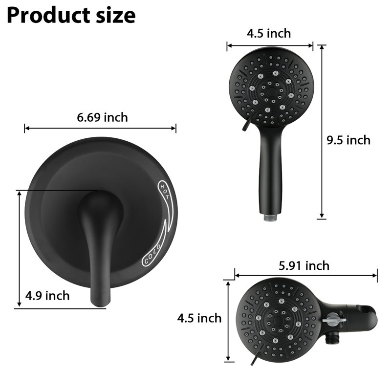 Pomme de douche haute avec douchette à main - Laiton noir mat, fixation murale, 1,8 gal / min, 6 modes de jet, débit réglable, boyau de 59 po, comprend une valve brute, motifs de pluie et noir, peu d'entretien