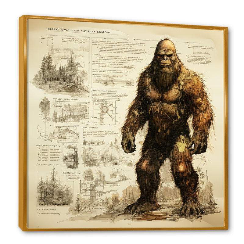 Mystical Bigfoot Blueprint II - art mural Bigfoot, Cadre flottant doré, H 36 po x l 36 po x P 1,5 po