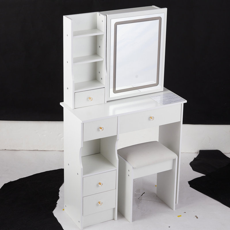 Table de coiffeuse à gauche et tabouret rembourré, miroir à DEL réglable tricolore de petite taille, 29,2 po, pour chambre à coucher, design américain, ensemble blanc, rangement à grande capacité à commande tactile,