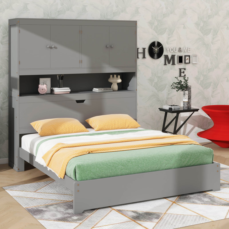 Full-Size Timber Platform Bed, Features Built-In USB Ports, Storage Headboard, And Underbed Drawers, Grey