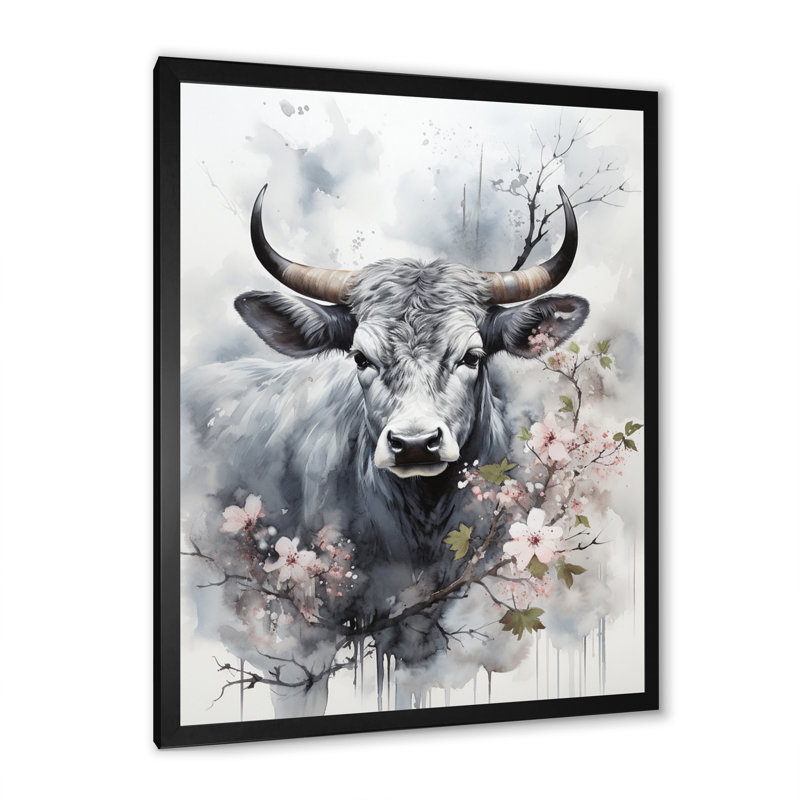 Bania, art asiatique, vache Sumi V, H 44 po x l 34 po x P 1,5 po, Cadre photo noir