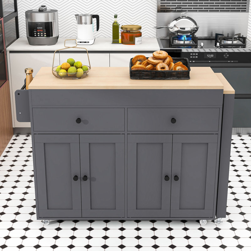 Versatile Kitchen Cart with Lockable Wheels, Extendable Table, and Spacious Cabinets, Gray