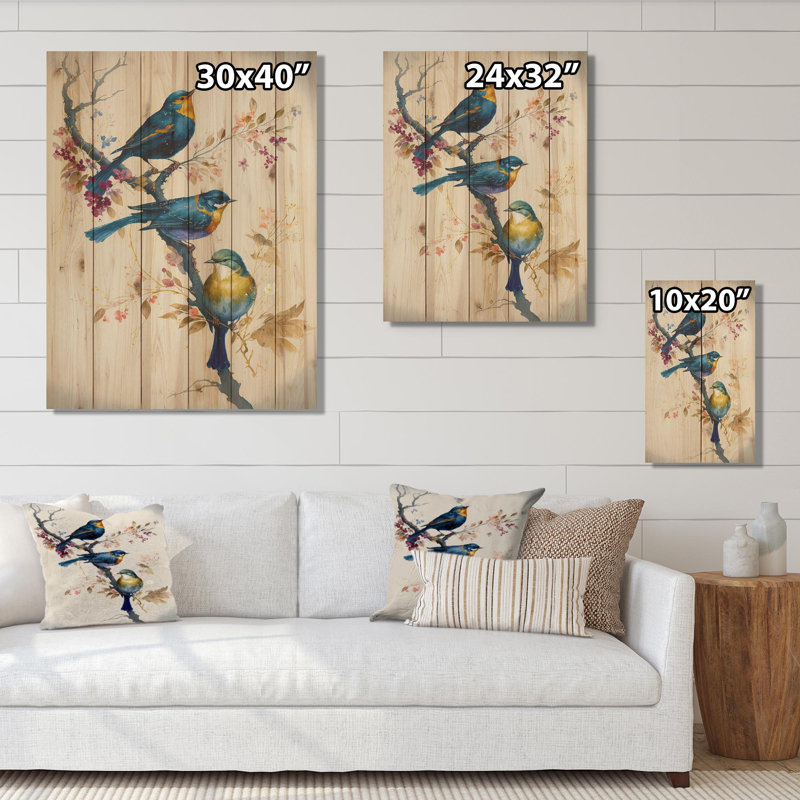 Multicolore oiseaux sur prunier en fleurs - impression, H 32 po x l 24 po x P 1 po