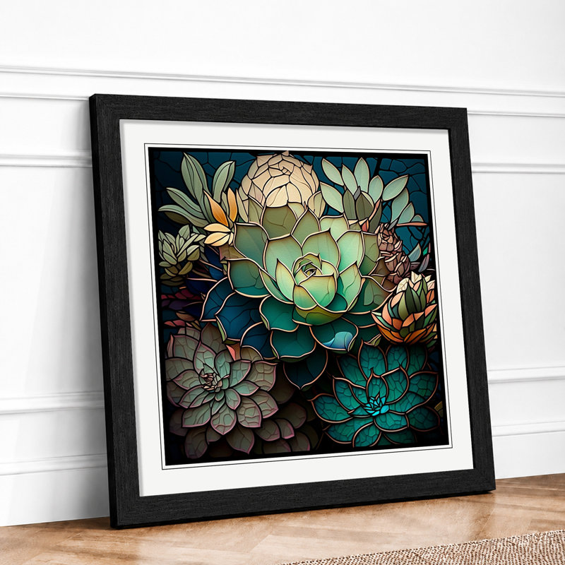 Succulent Stained Glass Effect - Framed Print, Black