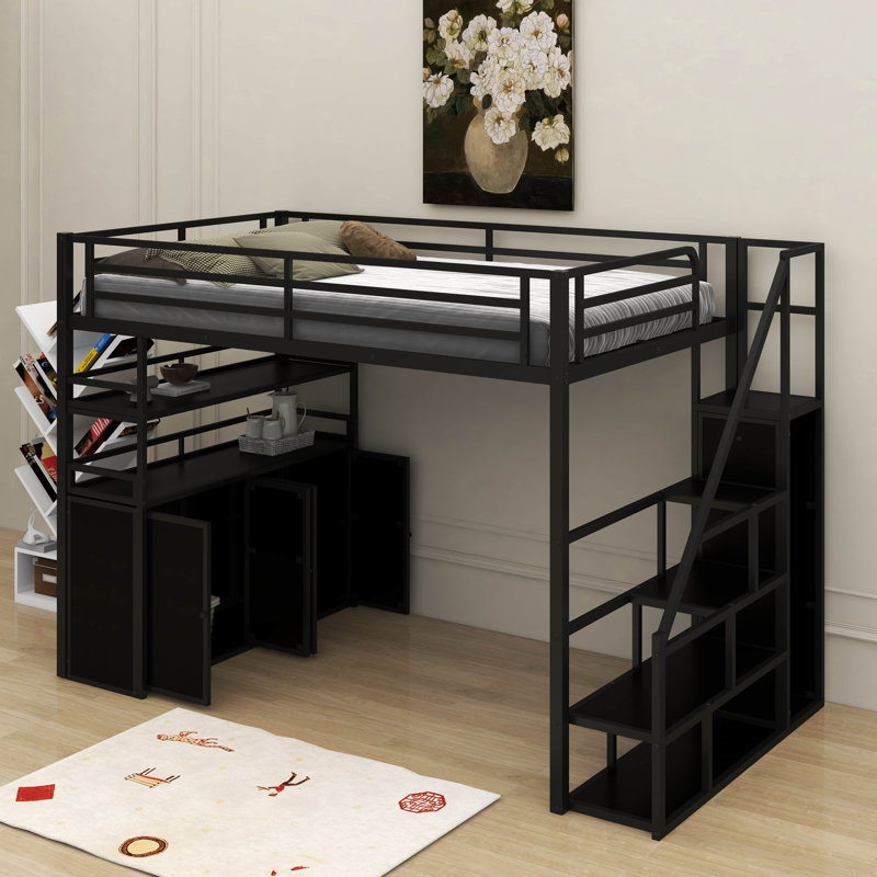 Lit mezzanine double en métal avec escalier de rangement et garde-robe, Noir