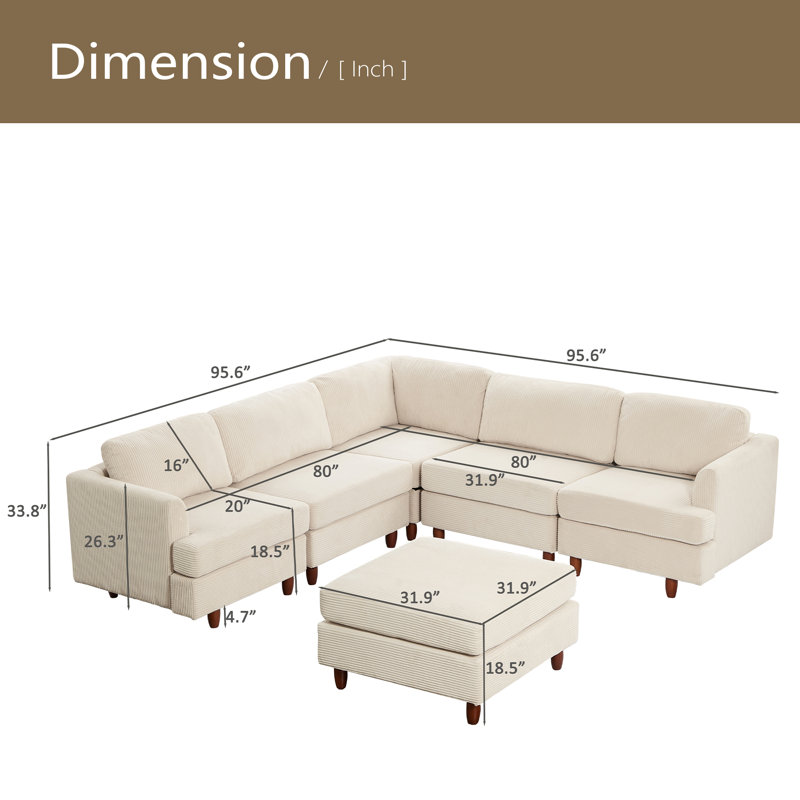Canapé modulaire moderne, canapé convertible 6 places, Velours côtelé beige