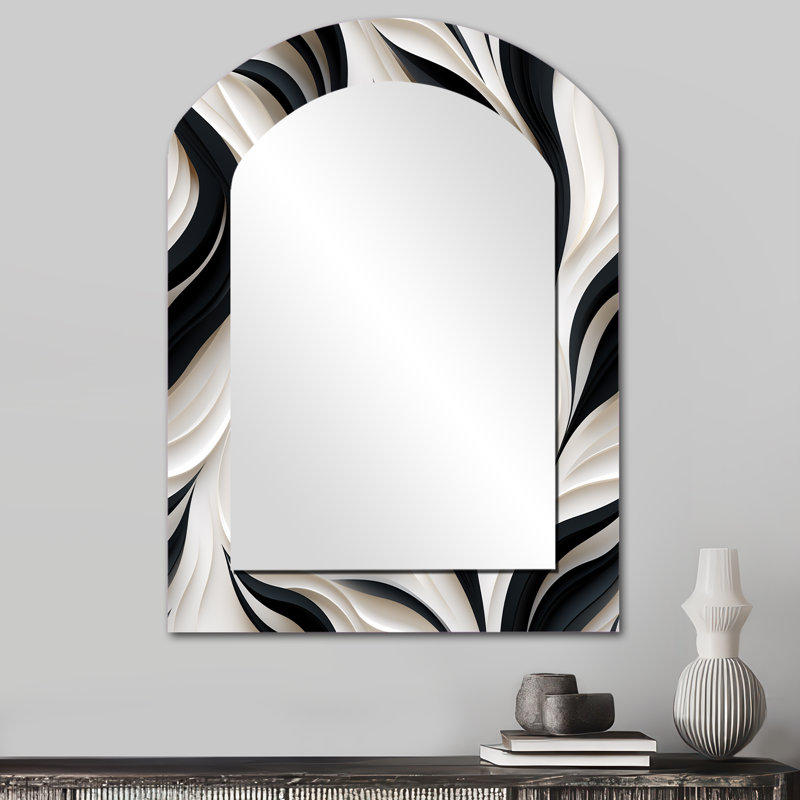 Blanc et noir élégance minimaliste - miroir mural asymétrique décoratif rayé, grand miroir à arche blanche, impression d'art en métal