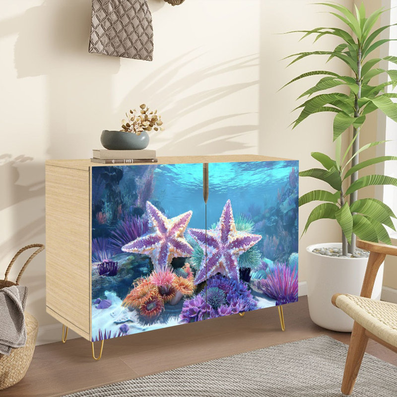 Buffet Buffet avec rangement vibrant sous-marin corail sous-marin coloré anémones de mer avec 2 portes pour le salon et la cuisine