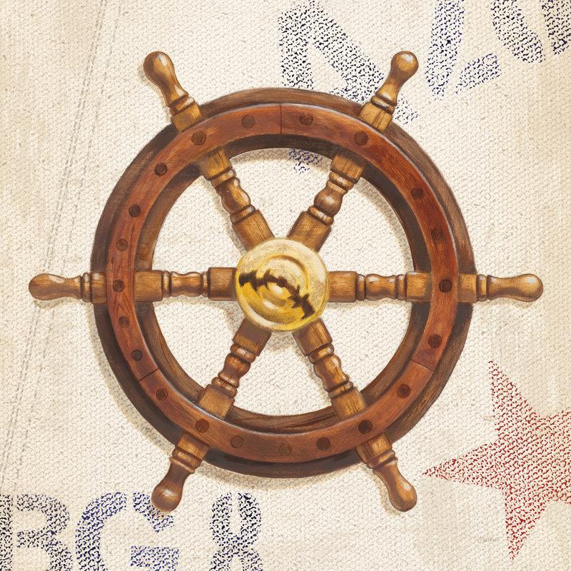 «Nautical Wheel» par James Wiens - peinture à cadre unique, H 30 po x l 30 po x P 1,25 po, Toile avec cadre érable, Non
