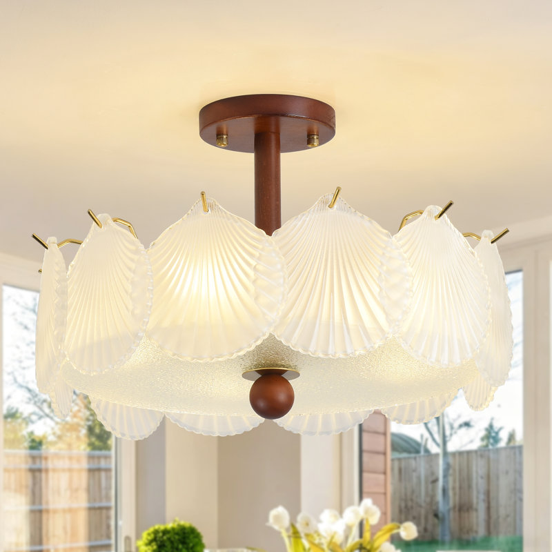 Plafonnier semi-encastré à 5 lumières de style moderne du milieu du siècle, en verre et en bois, en forme de coquillage festonné, 15,74 po