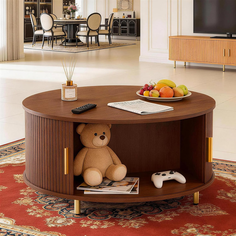 Round Coffee Table with Storage, 31.5" Mid Century Modern Coffee Table with 360° Curved Sliding Door, Walnut