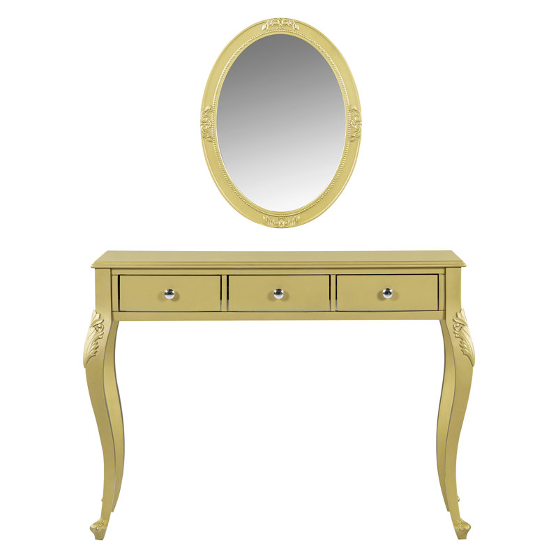 Coiffeuse de luxe dorée avec miroir ovale et 3 tiroirs de rangement, parfait pour les bijoux de maquillage, console de meuble-lavabo de fabrication élégante de haute qualité, matériau